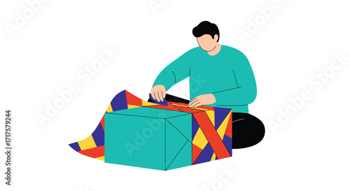 A person carefully wrapping a colorful gift box on the floor isolated