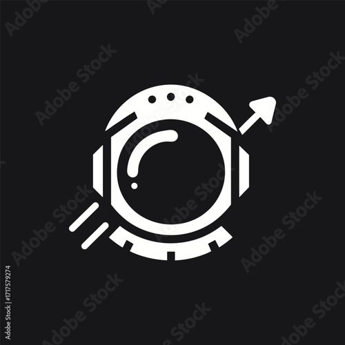 Futuristic astronaut helmet design with a sleek visor and upward arrow, symbolizing exploration