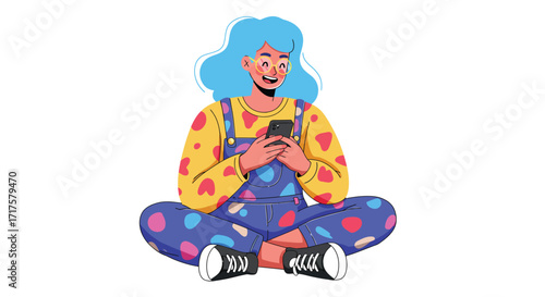 A cheerful woman using a smartphone while relaxing in a comfortable posture