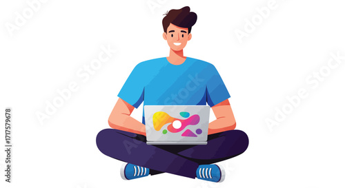 Illustration of a young man sitting cross-legged with a laptop in minimalist style