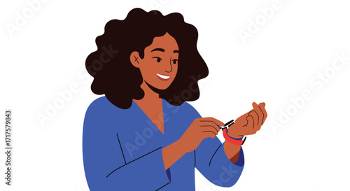 Smiling dark-haired woman putting on smartwatch with vibrant red band