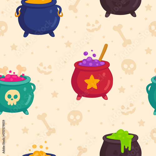 Seamless pattern with witches carols with colorful potions for Halloween