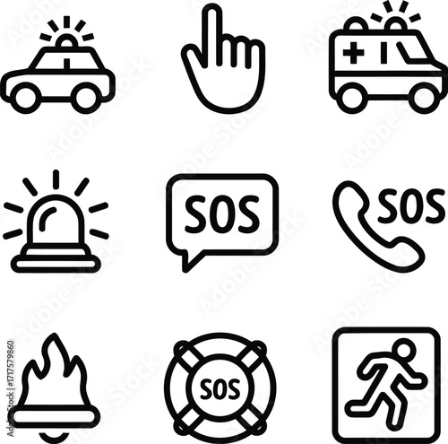 Emergency Assistance and Safety Pictograms a Comprehensive Set of Symbols Representing Police Ambulance SOS Fire Life Preserver and Evacuation Procedures Essential for Public Guidance
