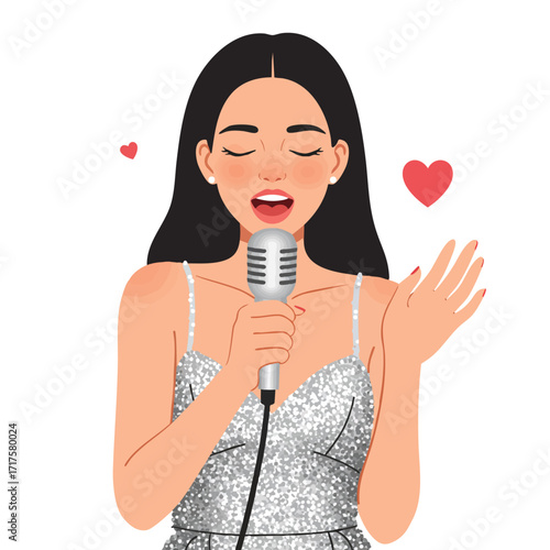 a girl in a sparkly dress, holding a silver toy microphone, singing with her eyes closed and a heartfelt expression