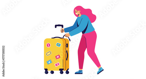 Stylized illustration of a woman preparing for travel with a bright suitcase