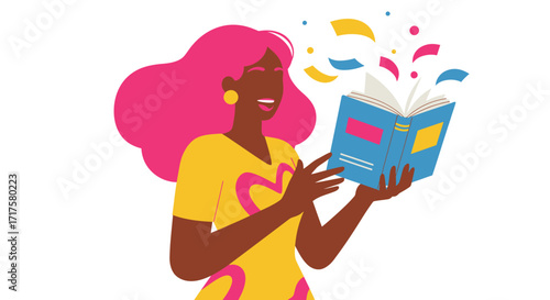 Vibrant vector art: Enthusiastic woman with book and fluttering pages