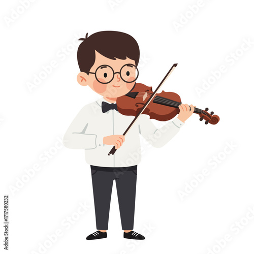 a boy with glasses, wearing a white shirt and a bow tie, standing straight and playing the violin with great concentration