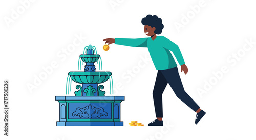 Stylized Flat Vector Illustration: Person Tossing a Coin into a Fountain