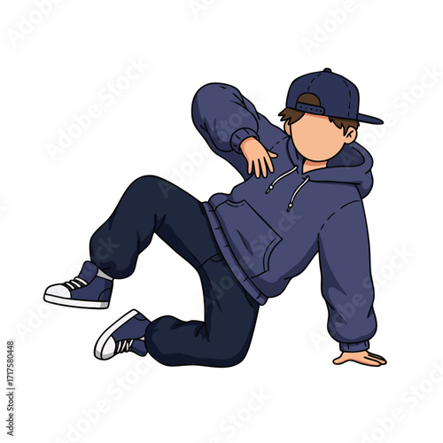 a child wearing a backward baseball cap, an oversized hoodie, and sneakers, in a breakdance pose on the floor