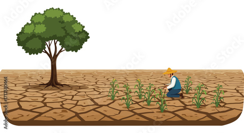Distressed farmer tending withered crops on arid, parched land landscape illustration