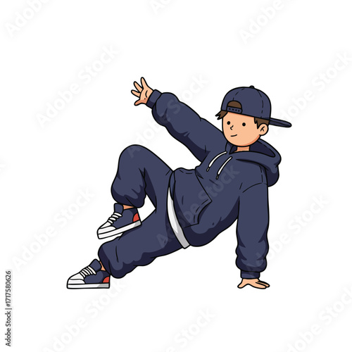 a child wearing a backward baseball cap, an oversized hoodie, and sneakers, in a breakdance pose on the floor