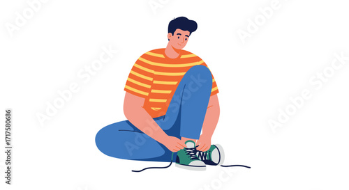 Stylized vector art showcasing a person tying shoelaces with focus and care