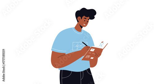 Illustration of a focused student diligently writing in a notebook on white background