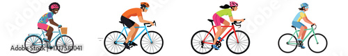 Diverse group of cyclists riding bikes, isolated vector illustration