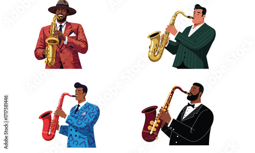 Vibrant Jazz Musicians with Saxophones in Stylized Flat Vector Illustrations