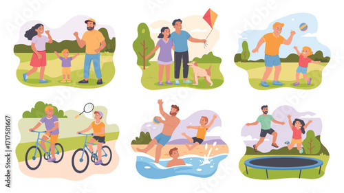 Diverse Family Activities Including Picnics Biking Swimming and Kite Flying outdoor