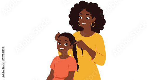 A beautiful illustration of a mother braiding her daughter's hair with love