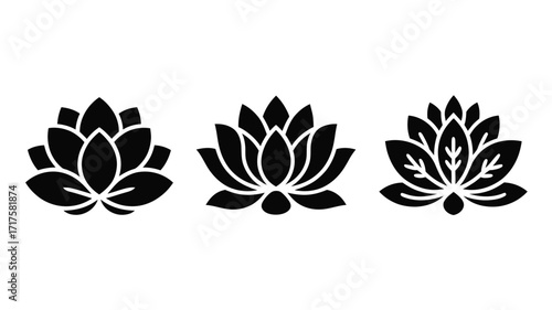 Three stylized black lotus flowers on a white background symbol