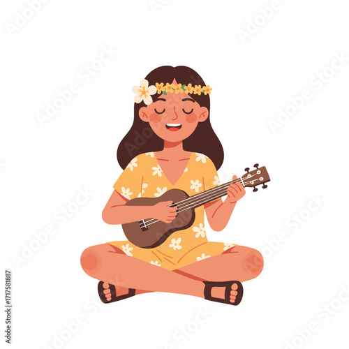 a girl with a flower in her hair, wearing a summer dress, sitting cross-legged and happily strumming a ukulele