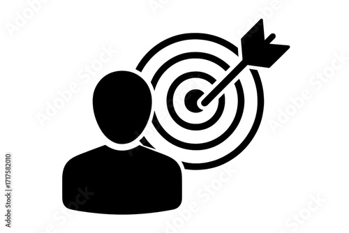 Target audience icon with person silhouette and bullseye target. Marketing focus concept, precision aim, goal achievement vector graphic, business strategy illustration