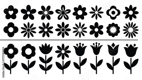 Collection of black flower icons and silhouettes on white background Keywords: flower, icon