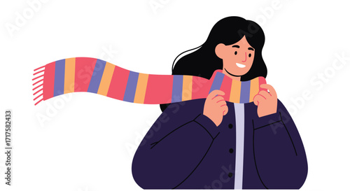 Vibrant vector illustration of a woman wrapping a colorful scarf on a cold day