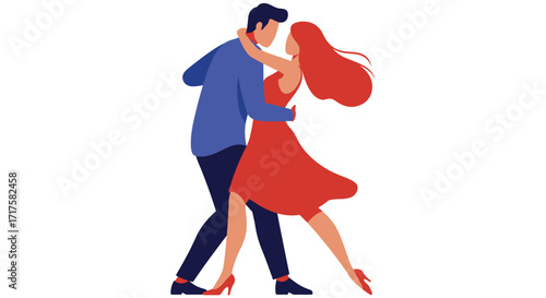 Stylized flat vector illustration of a vibrant couple dancing closely