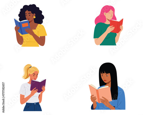 Diverse group of women engrossed in reading books on white background