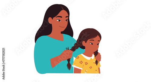 A mother figure gently braiding her daughter's hair in a loving moment