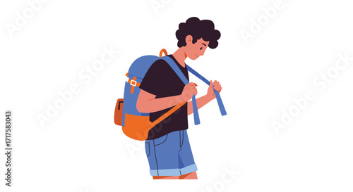 Stylized vector art: A young traveler adjusts his backpack on white background