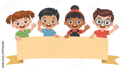 Four Diverse Cartoon Children Waving Behind a Blank Banner with Ribbon kids