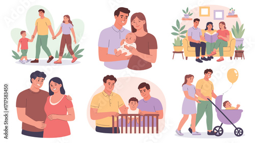 Six Diverse Family Scenes Showing Different Family Structures and Activities parents