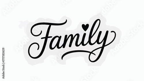 Elegant black script text spelling the word Family with a heart accent Keywords: family, text