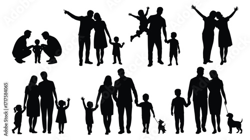 Various family silhouettes including parents, children, and dogs on white background Keywords