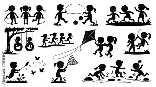 Children playing outdoors with toys and nature elements on white background Keywords: children