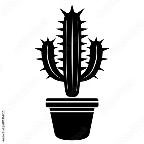 Black silhouette of a cactus with spines in a pot isolated on a white background vector illustration