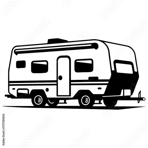 Illustration of a white and black travel trailer with visible windows and door on a white background