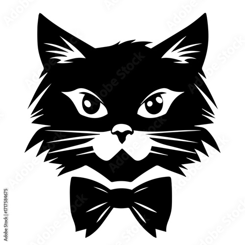 Illustration of a black cat head with a bow tie and white eyes and whiskers on a white background