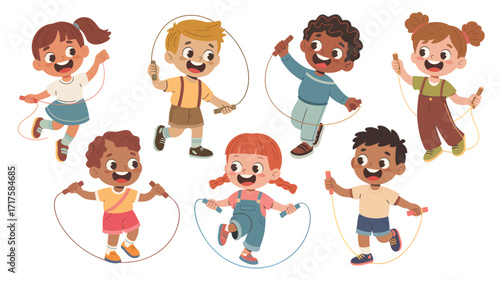 Group of diverse cartoon children actively skipping rope kids jump rope