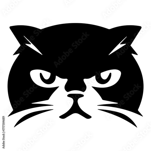 Black and white grumpy cat face with furrowed brow and whiskers in a stylized vector illustration