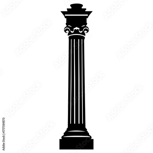 A black and white image of a fluted column with a decorative capital and a square base is visible here