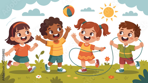 Four diverse cartoon children playing jump rope in a green park with a ball kids jumping rope
