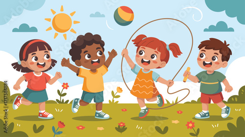 Four diverse cartoon children playing jump rope in a sunny park with flowers kids