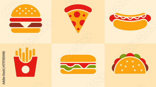 Vibrant flat icons showcase a delightful assortment of popular fast food items.