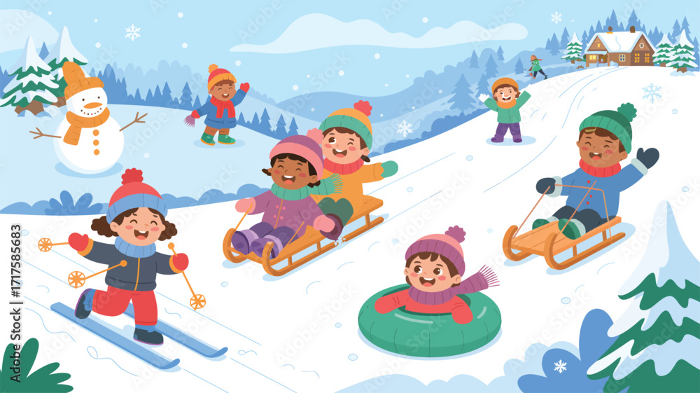 Naklejka premium Diverse Children Enjoying Winter Activities in a Snowy Village Scene kids sledding