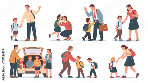 Parents and children with backpacks going to school and waving goodbye Keywords: school