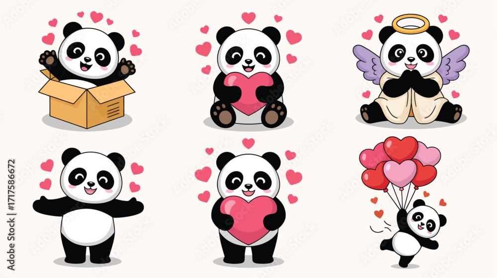 Fototapeta premium Collection of six cute cartoon pandas with hearts and Valentine's Day elements bear