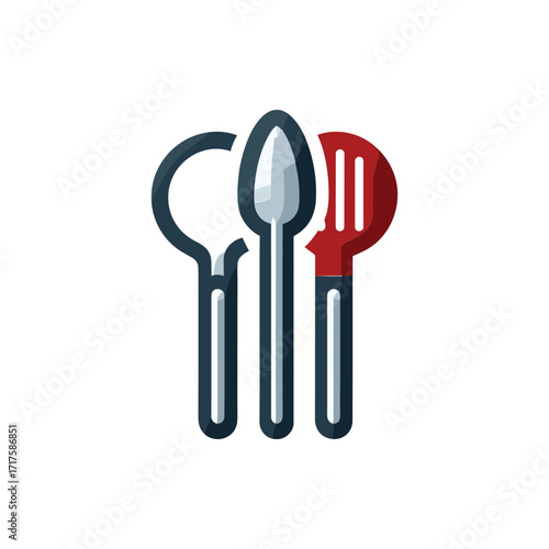 A collection of kitchen utensils including a spoon, fork, and spatula on a minimalist background