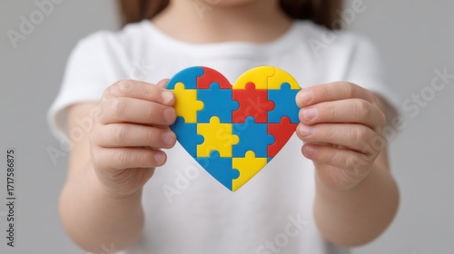 Wallpaper Mural Child Holding Colorful Puzzle Heart Symbolizing Love and Unity with Bright Colors on Gray Background for Autism Awareness and Community Support Torontodigital.ca