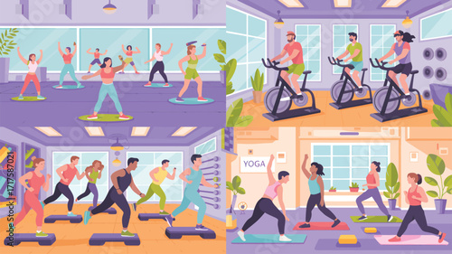 People participating in aerobic, cycling, and yoga classes in a modern gym Keywords: fitness
